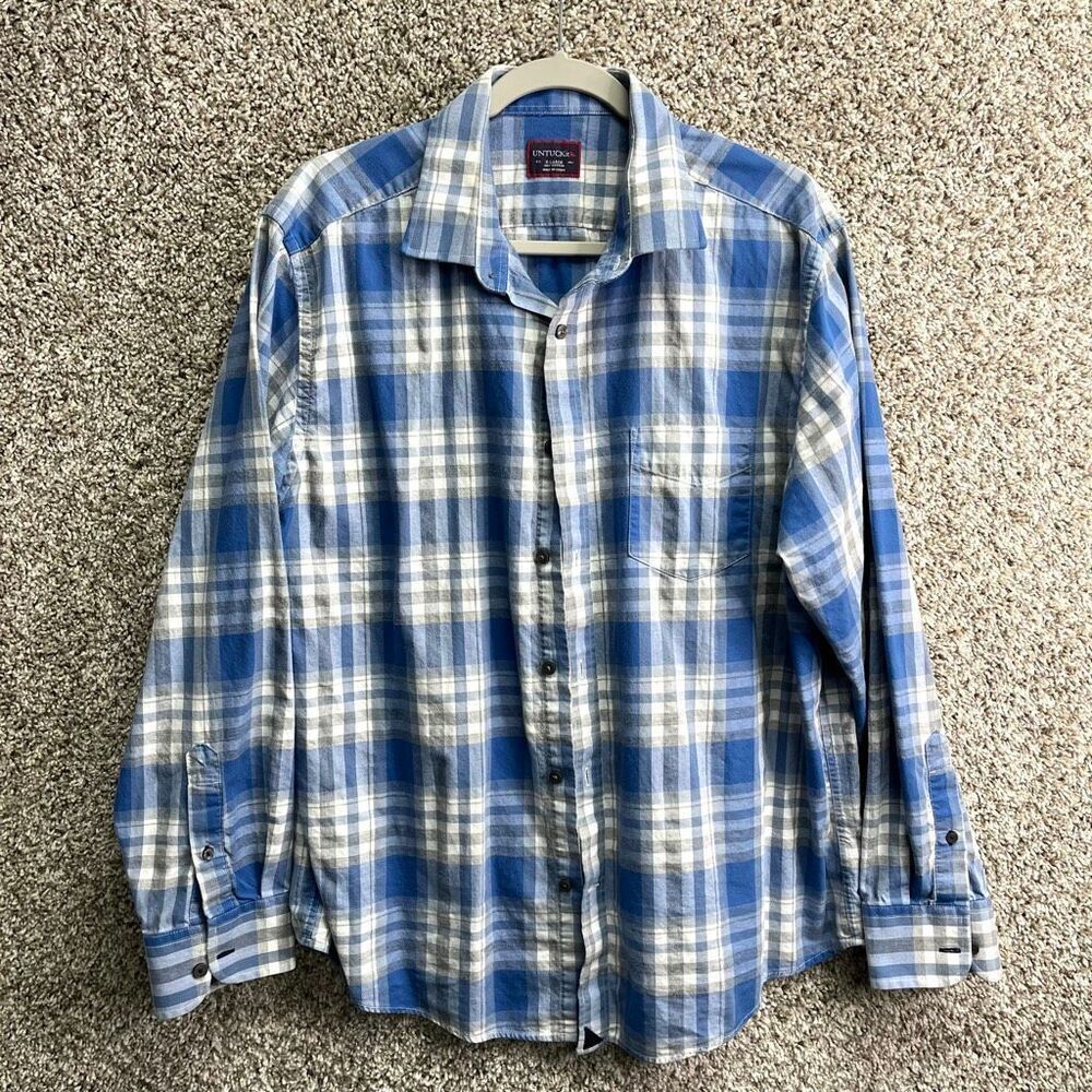Untuckit Shirt Men’s XL Blue & White Plaid Long Sleeve Button Down